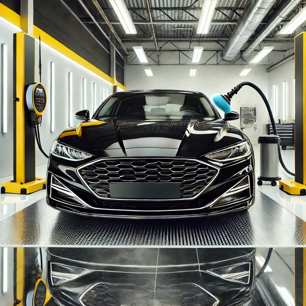 Mobil hitam dengan hasil poles body mobil yang mengkilap di studio detailing dengan aksen kuning dan putih.