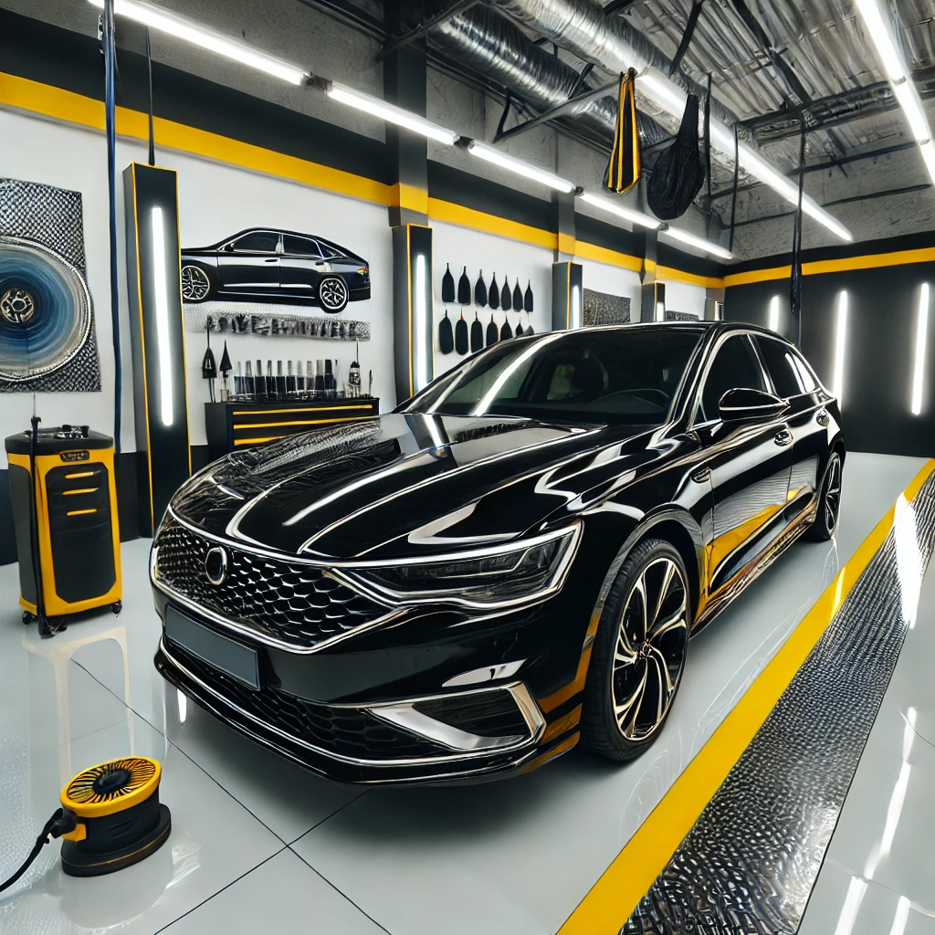 Mobil hitam mengkilap dengan hasil poles body mobil murah di studio detailing modern dengan aksen kuning dan putih.