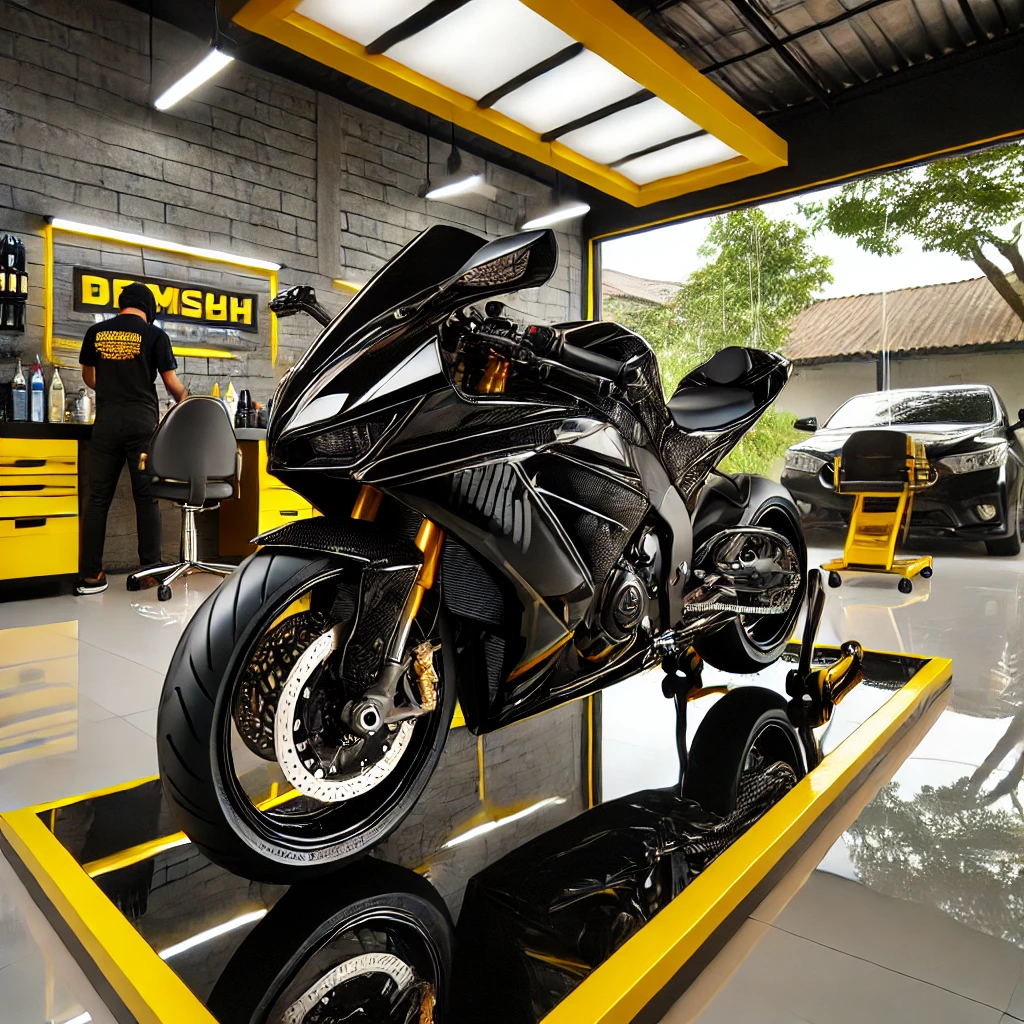 Motor hitam mengkilap setelah proses poles di studio detailing modern di Bandung dengan aksen kuning dan putih.