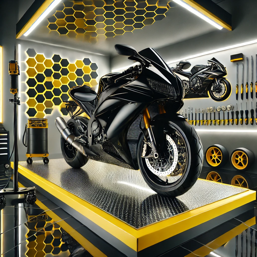 Motor hitam mengkilap hasil poles dengan detail sempurna di studio modern dengan aksen kuning dan putih.
