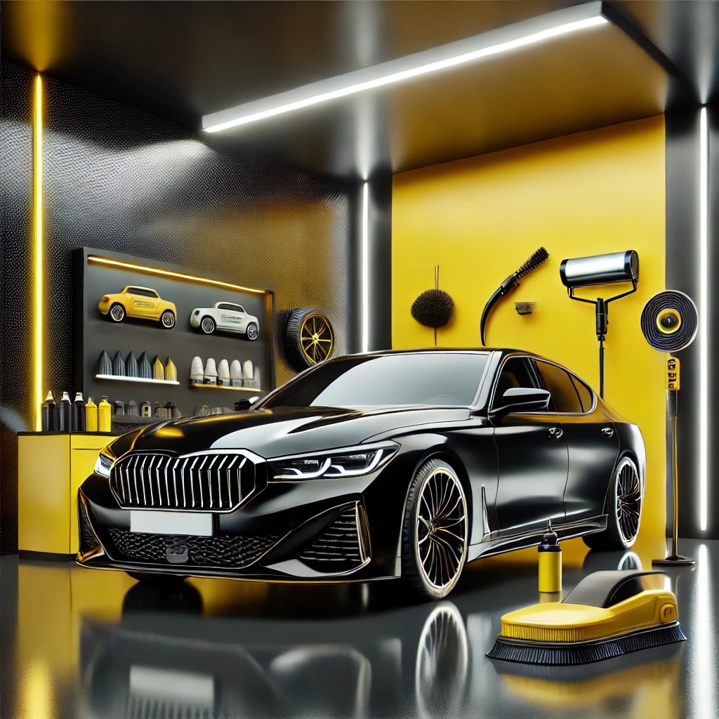 Studio detailing mobil mewah dengan dominasi warna hitam, kuning, dan putih, memperlihatkan mobil yang sedang dipoles secara profesional.