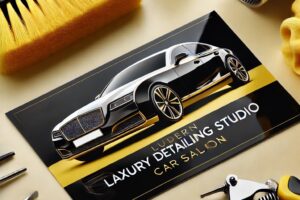 Gambar desain kartu nama salon mobil dengan tema hitam, putih, dan kuning