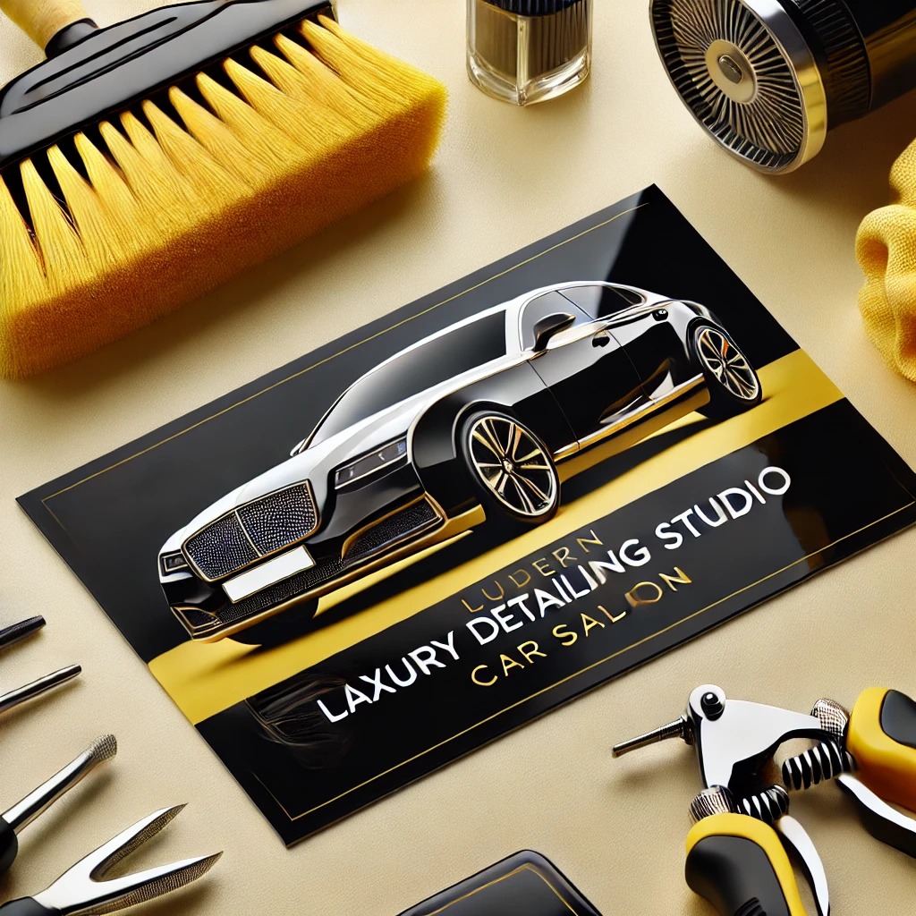 Gambar desain kartu nama salon mobil dengan tema hitam, putih, dan kuning