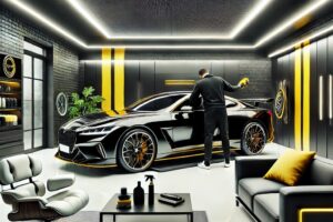 "Gambar studio detailing mobil modern dengan nuansa hitam, putih, dan kuning"