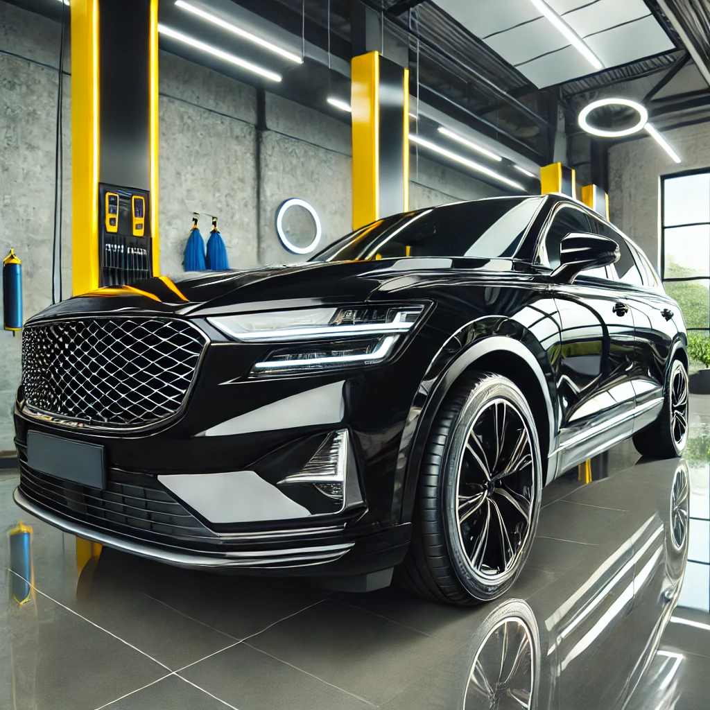 Mobil hitam berkilau sempurna setelah menggunakan kit kinclong mobil, dengan latar studio detailing beraksen kuning dan putih.