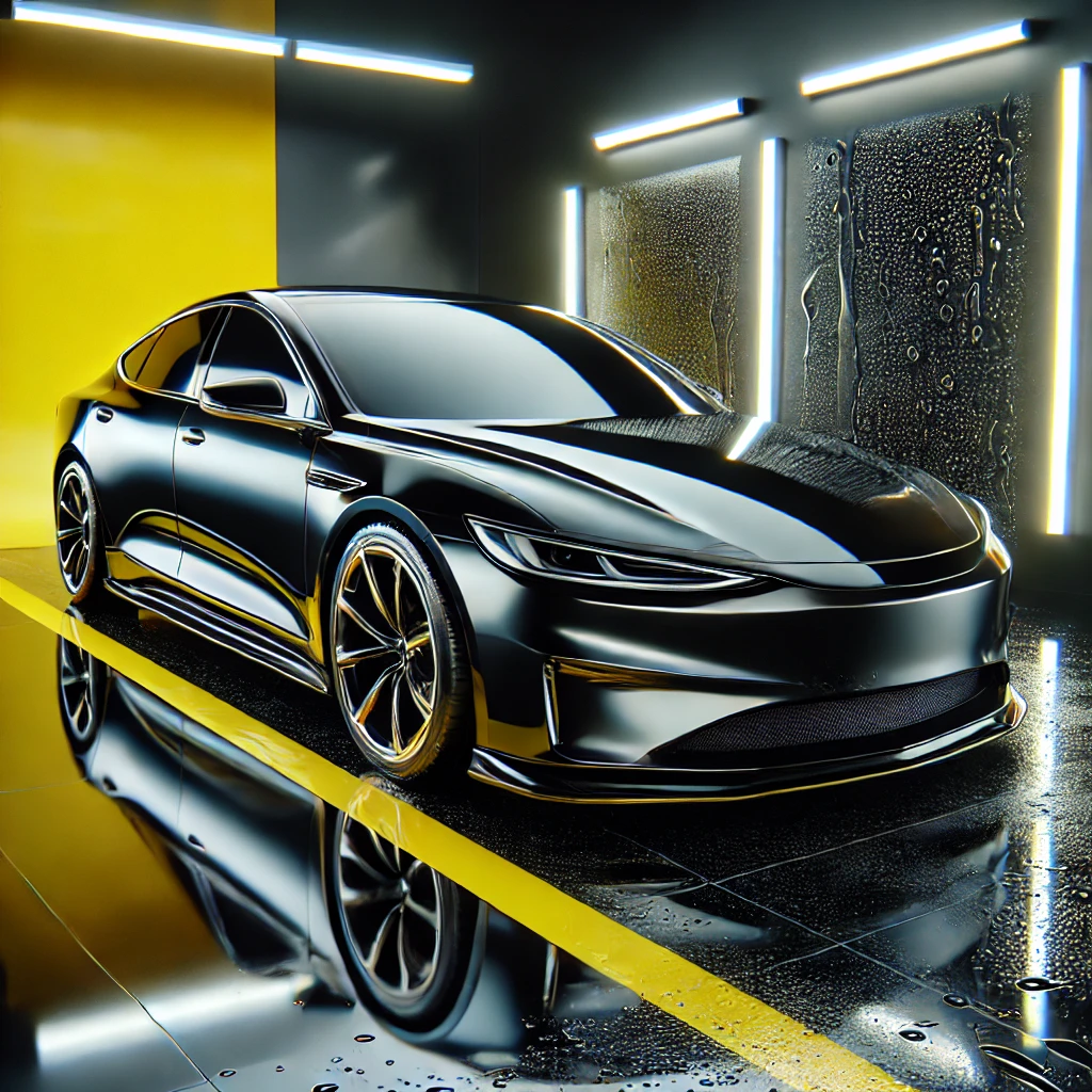 Mobil hitam dengan kilap sempurna hasil perawatan body detailing, menampilkan efek glossy di studio detailing modern bernuansa kuning dan putih.