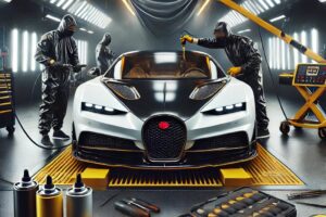 Mobil mewah sedang menjalani aplikasi nano ceramic coating di workshop profesional dengan peralatan canggih dan pencahayaan optimal.