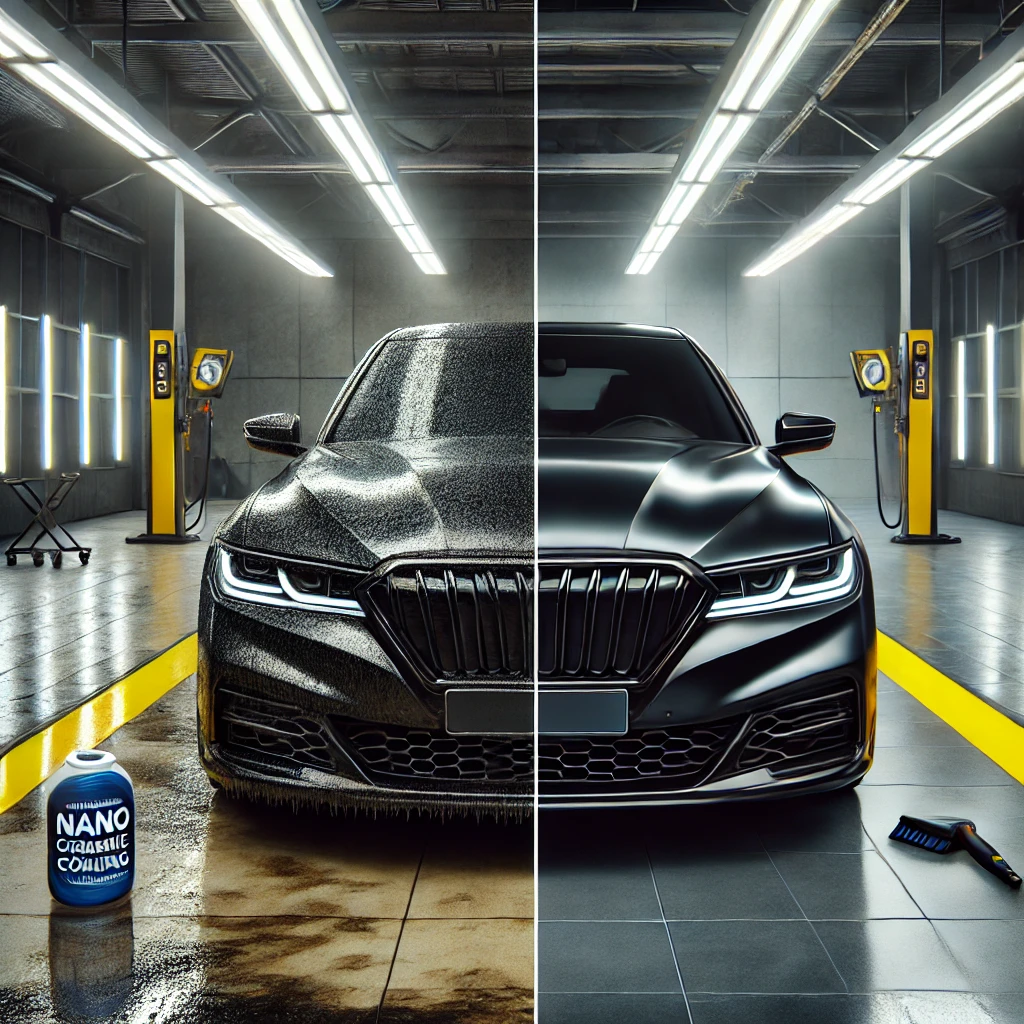 Mobil mengkilap dengan efek before and after Nano Ceramic Coating