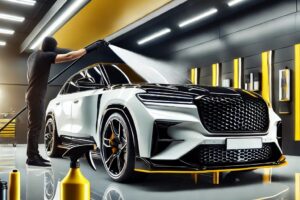 Aplikasi nano ceramic coating car wax spray pada mobil mewah di studio detailing dengan dominasi warna hitam, kuning, dan putih.