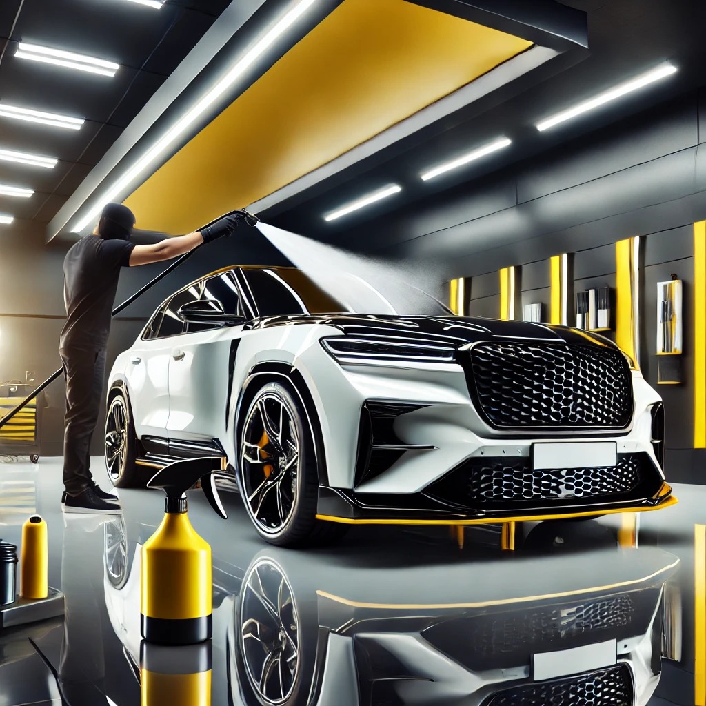 Aplikasi nano ceramic coating car wax spray pada mobil mewah di studio detailing dengan dominasi warna hitam, kuning, dan putih.
