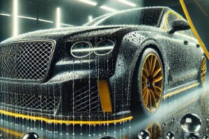 Mobil mewah di studio detailing profesional dengan efek hydrophobic dari nano ceramic coating, menampilkan butiran air yang menggelinding di permukaan.