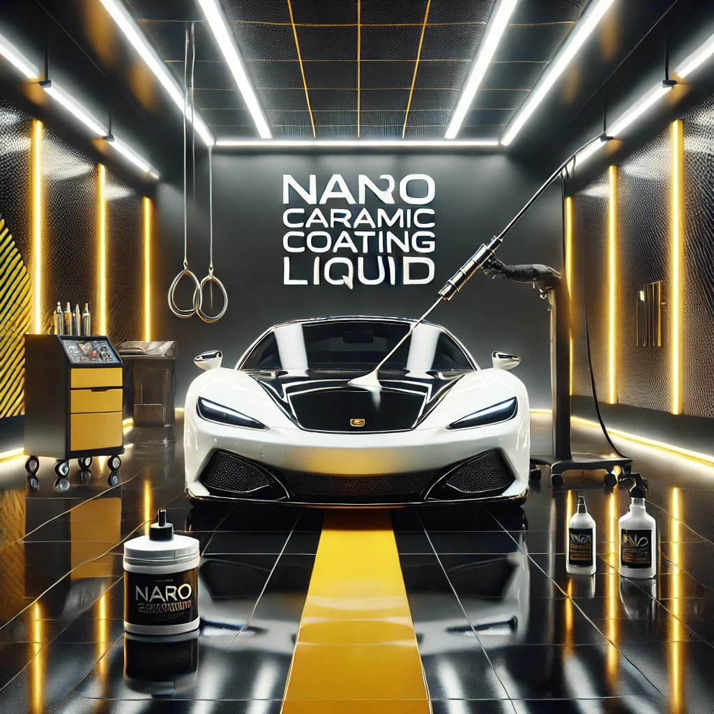 Mobil mewah sedang menjalani perawatan nano ceramic coating liquid di studio detailing modern dengan nuansa hitam, kuning, dan putih.