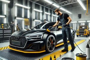 Mobil sedang menerima aplikasi nano ceramic coating di workshop modern dengan peralatan canggih.