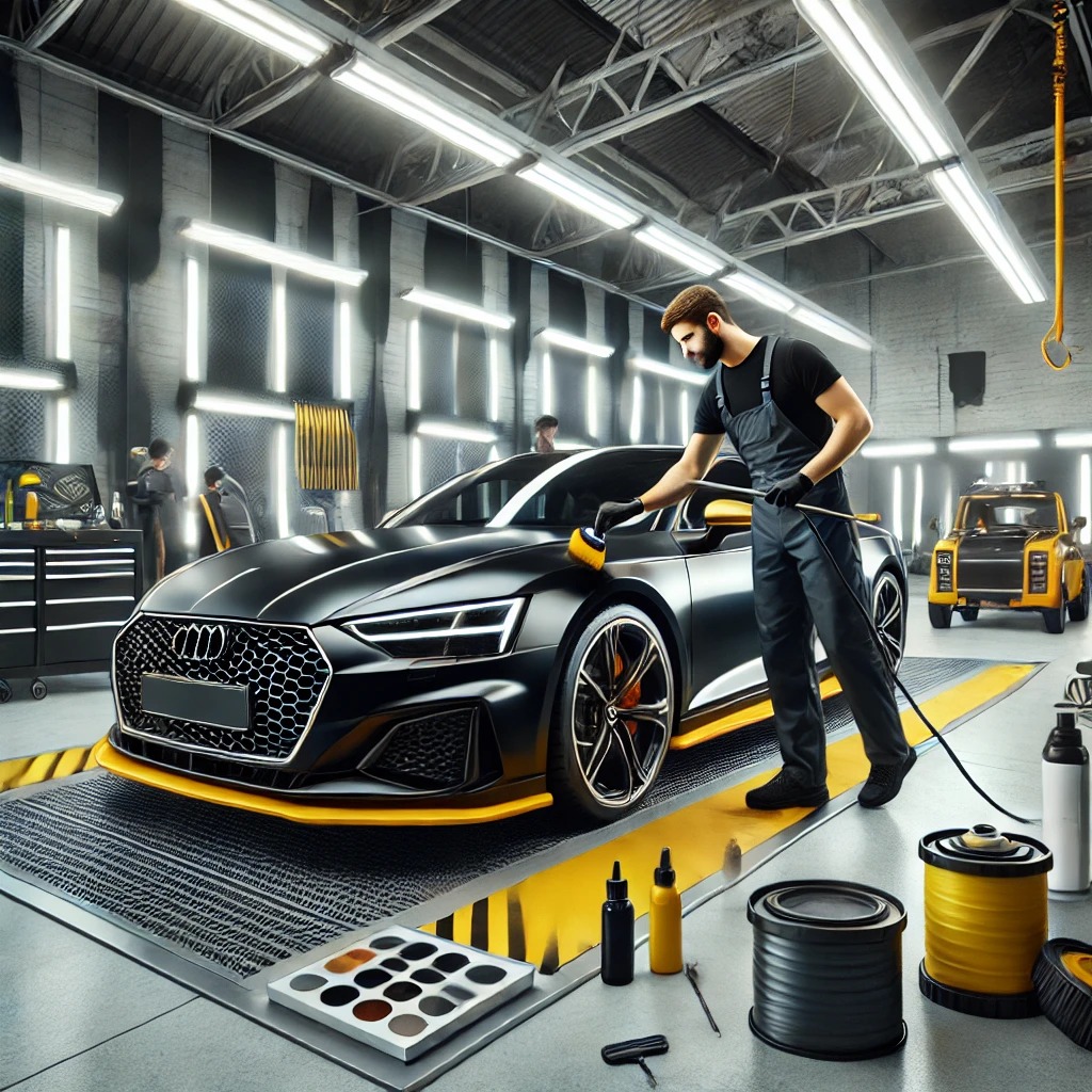 Mobil sedang menerima aplikasi nano ceramic coating di workshop modern dengan peralatan canggih.