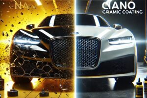 Mobil mewah di studio detailing dengan setengah bagian menggunakan nano ceramic coating dan setengah bagian lainnya dengan glass coating.