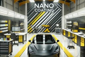 Proses aplikasi nano coating pada mobil di workshop modern dengan alat canggih.