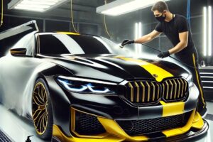 Mobil mewah dalam proses aplikasi nano coating di studio detailing dengan efek glossy maksimal.