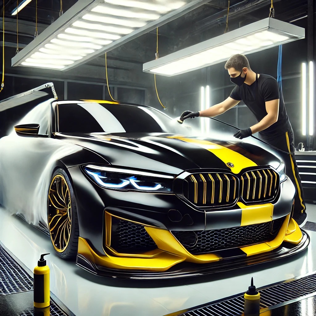 Mobil mewah dalam proses aplikasi nano coating di studio detailing dengan efek glossy maksimal.
