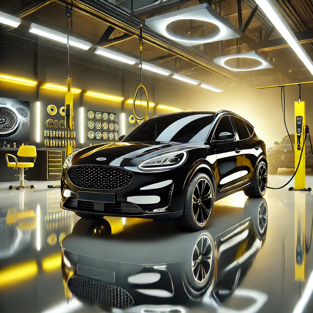 Mobil hitam glossy dengan efek nano coating ceramic, menampilkan hasil kilap sempurna dan perlindungan maksimal di bawah pencahayaan dominan kuning dan putih.