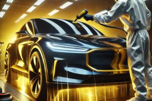 Mobil mewah sedang menjalani proses aplikasi nano coating dan anti karat di studio detailing dengan efek kilap tinggi dan perlindungan maksimal.