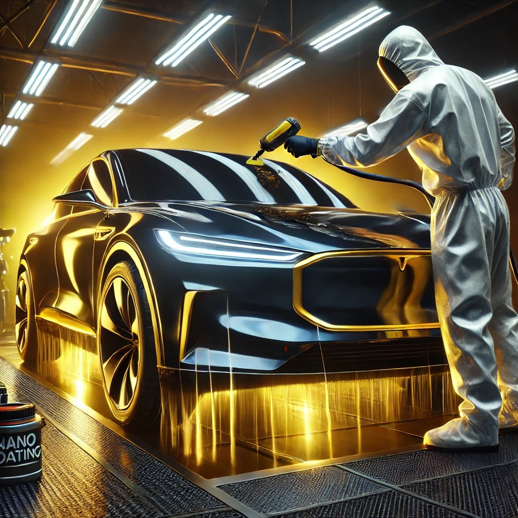 Mobil mewah sedang menjalani proses aplikasi nano coating dan anti karat di studio detailing dengan efek kilap tinggi dan perlindungan maksimal.