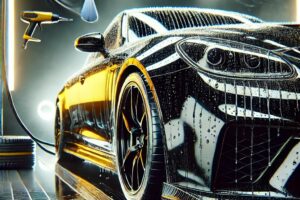 Mobil mewah di studio detailing profesional dengan hasil nano coating exterior yang berkilau, menciptakan efek wet look.