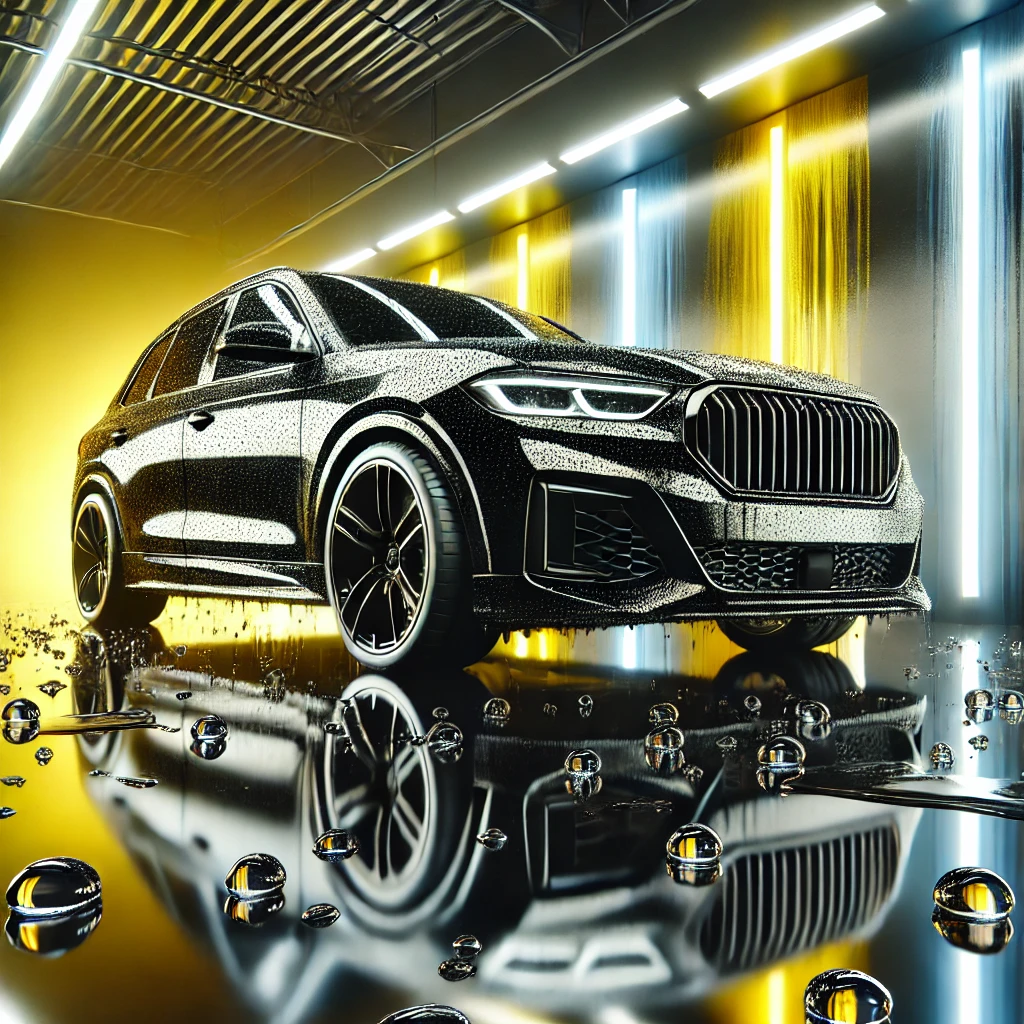 Mobil glossy dengan nano coating gel berkilau, dominasi warna hitam, kuning, dan putih