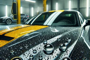 Kaca mobil dengan hasil nano coating, menunjukkan efek hydrophobic dengan air meluncur di permukaan kaca yang bersih dan jernih.
