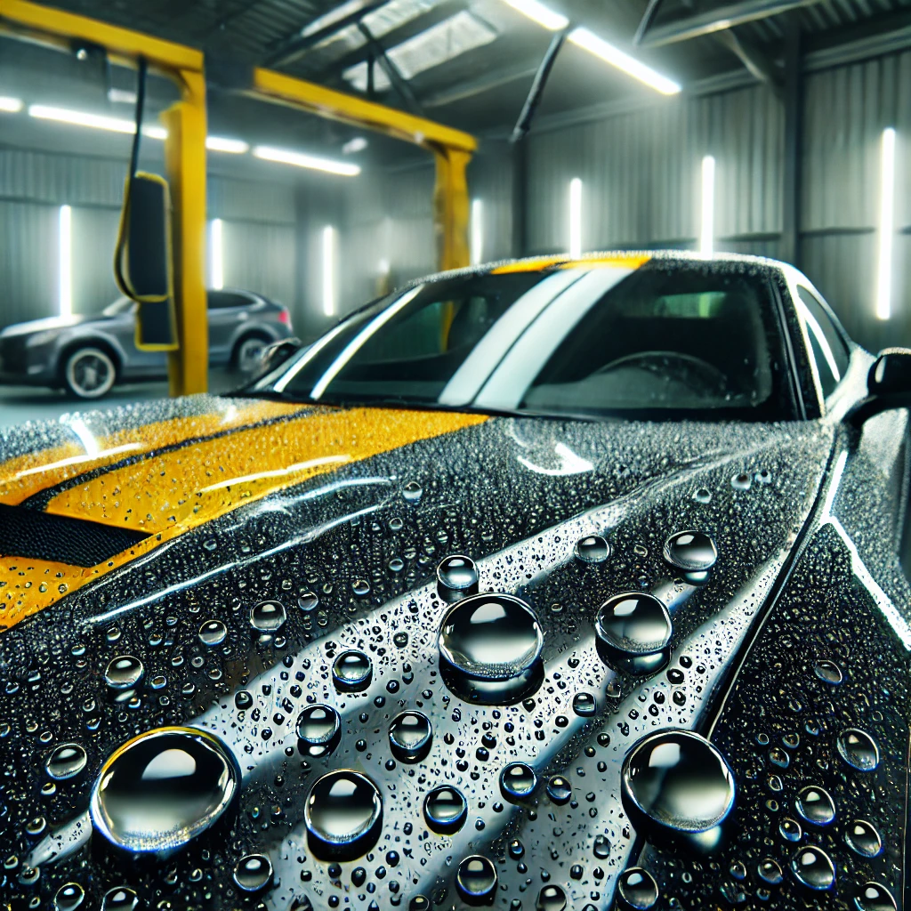Kaca mobil dengan hasil nano coating, menunjukkan efek hydrophobic dengan air meluncur di permukaan kaca yang bersih dan jernih.