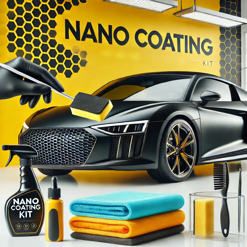 Nano coating kit dengan alat lengkap sedang digunakan pada mobil hitam glossy, dominan warna hitam, kuning, dan putih