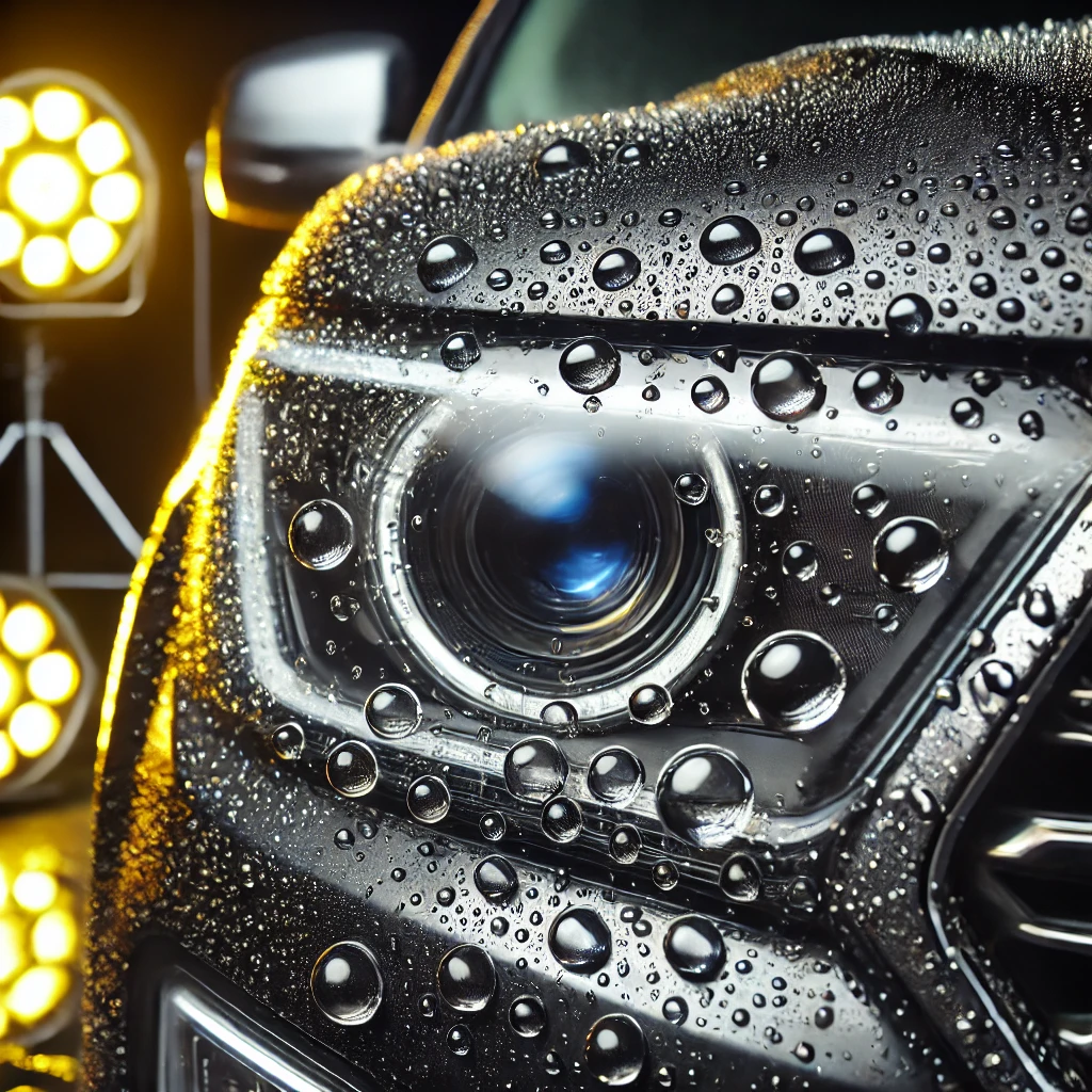 Lampu mobil dengan hasil nano coating, menampilkan efek kilap dan perlindungan dari sinar UV, debu, dan goresan, dengan latar dominan hitam, kuning, dan putih.