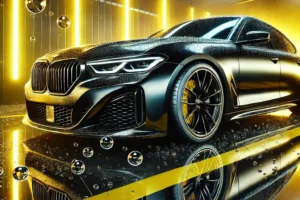 Mobil hitam dengan lapisan nano coating layer, menampilkan efek glossy dan perlindungan hydrophobic, dengan dominasi warna hitam, kuning, dan putih.