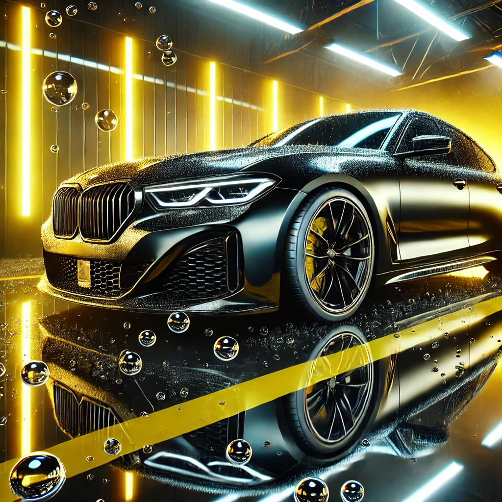 Mobil hitam dengan lapisan nano coating layer, menampilkan efek glossy dan perlindungan hydrophobic, dengan dominasi warna hitam, kuning, dan putih.