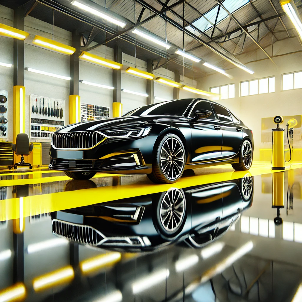 Mobil hitam glossy hasil nano coating profesional di Bandung, menampilkan kilap sempurna dan perlindungan maksimal di detailing studio modern.