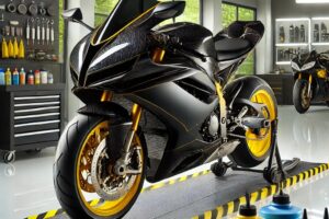 Motor sedang menerima aplikasi nano coating di workshop modern dengan alat canggih.