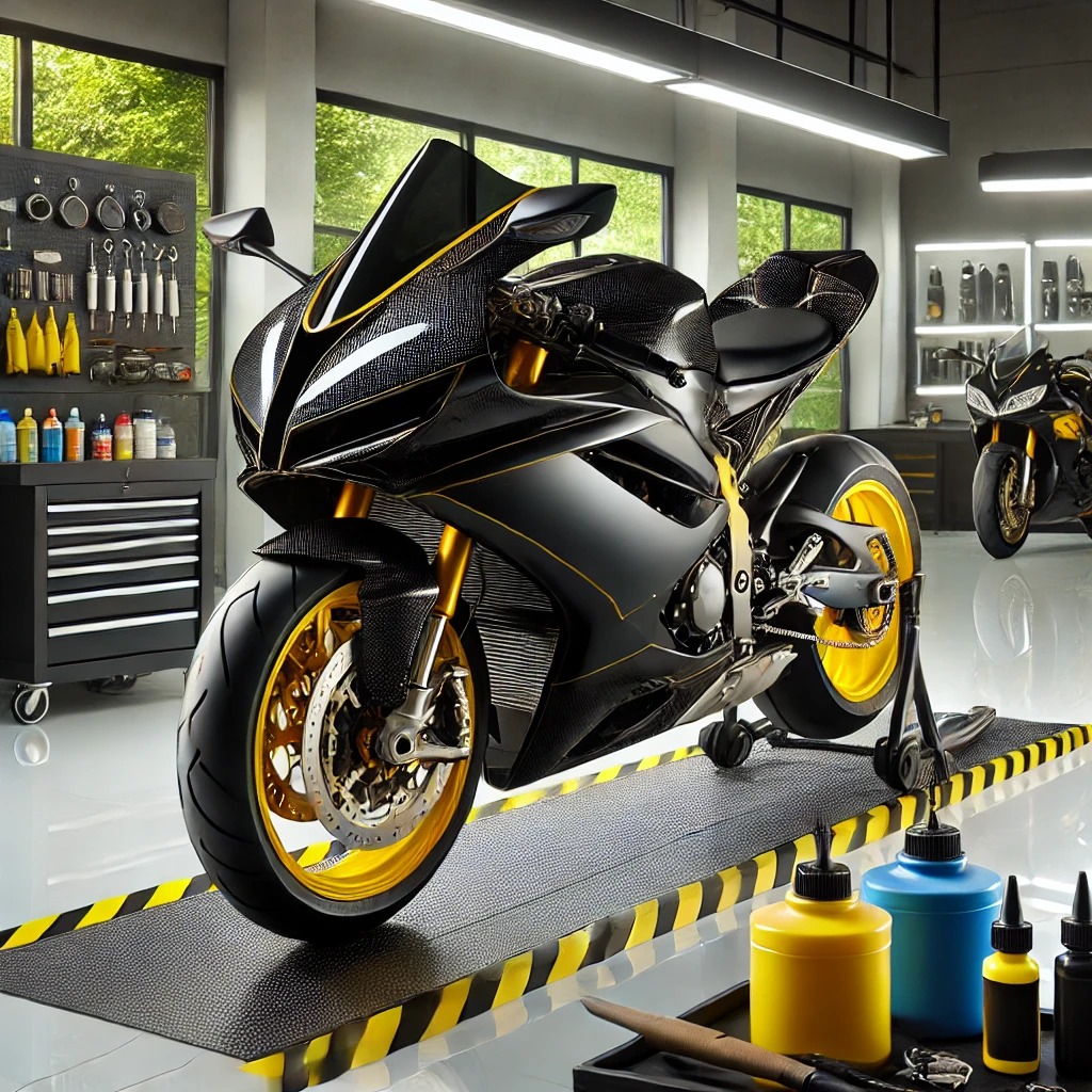 Motor sedang menerima aplikasi nano coating di workshop modern dengan alat canggih.