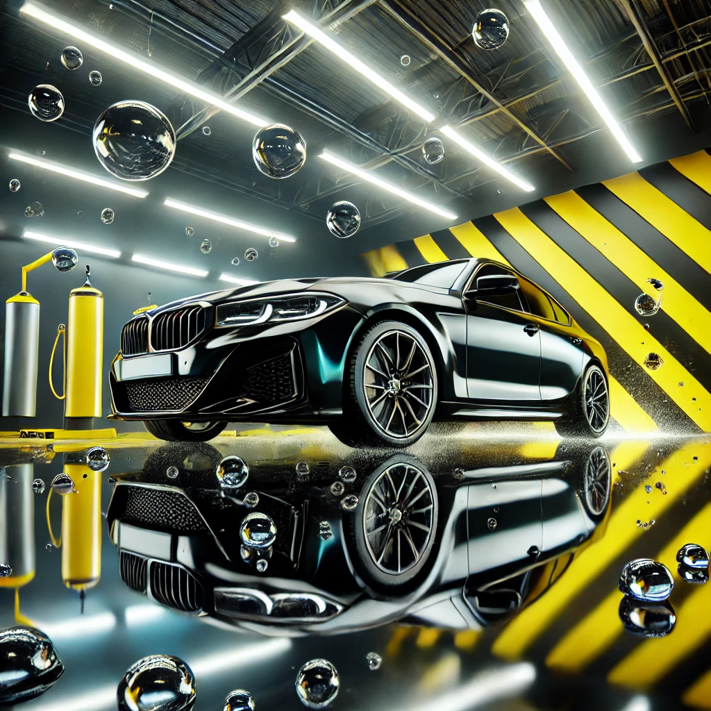 Mobil hitam glossy hasil nano coating murah, menunjukkan kilap sempurna dan perlindungan cat dengan latar studio detailing modern bernuansa kuning dan putih.