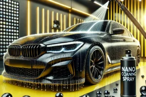 Mobil hitam dengan hasil glossy instan dari nano coating spray, menampilkan efek hydrophobic di latar detailing studio modern dengan warna kuning dan putih.