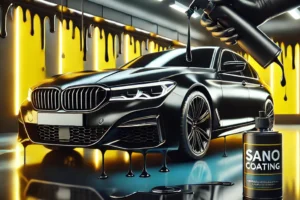 Mobil hitam berkilau dengan lapisan nano coating, menunjukkan perlindungan tahan lama di latar detailing studio modern bernuansa kuning dan putih.