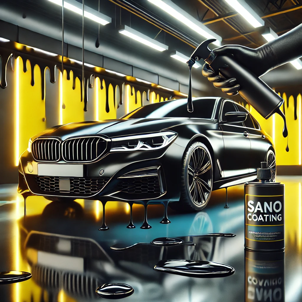 Mobil hitam berkilau dengan lapisan nano coating, menunjukkan perlindungan tahan lama di latar detailing studio modern bernuansa kuning dan putih.
