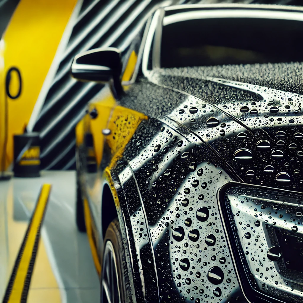 Mobil hitam glossy hasil nano coating dengan latar detailing studio modern, menampilkan efek hydrophobic dan kilap sempurna.