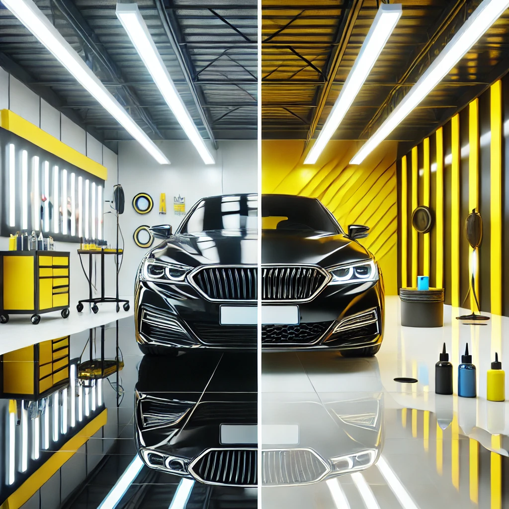 Mobil hitam glossy yang dilapisi nano coating di satu sisi dan ceramic coating di sisi lainnya, menunjukkan perbandingan hasil pada detailing studio modern.