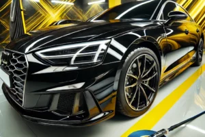 Mobil hitam berkilau setelah proses nano paint repair, menampilkan perbaikan goresan sempurna dengan hasil glossy, di latar detailing studio modern.