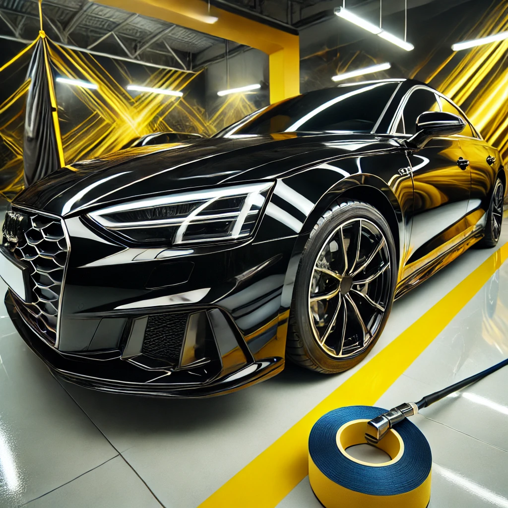 Mobil hitam berkilau setelah proses nano paint repair, menampilkan perbaikan goresan sempurna dengan hasil glossy, di latar detailing studio modern.
