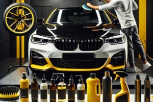 Mobil mewah sedang mendapatkan perawatan dengan produk salon mobil berkualitas tinggi di studio detailing modern.