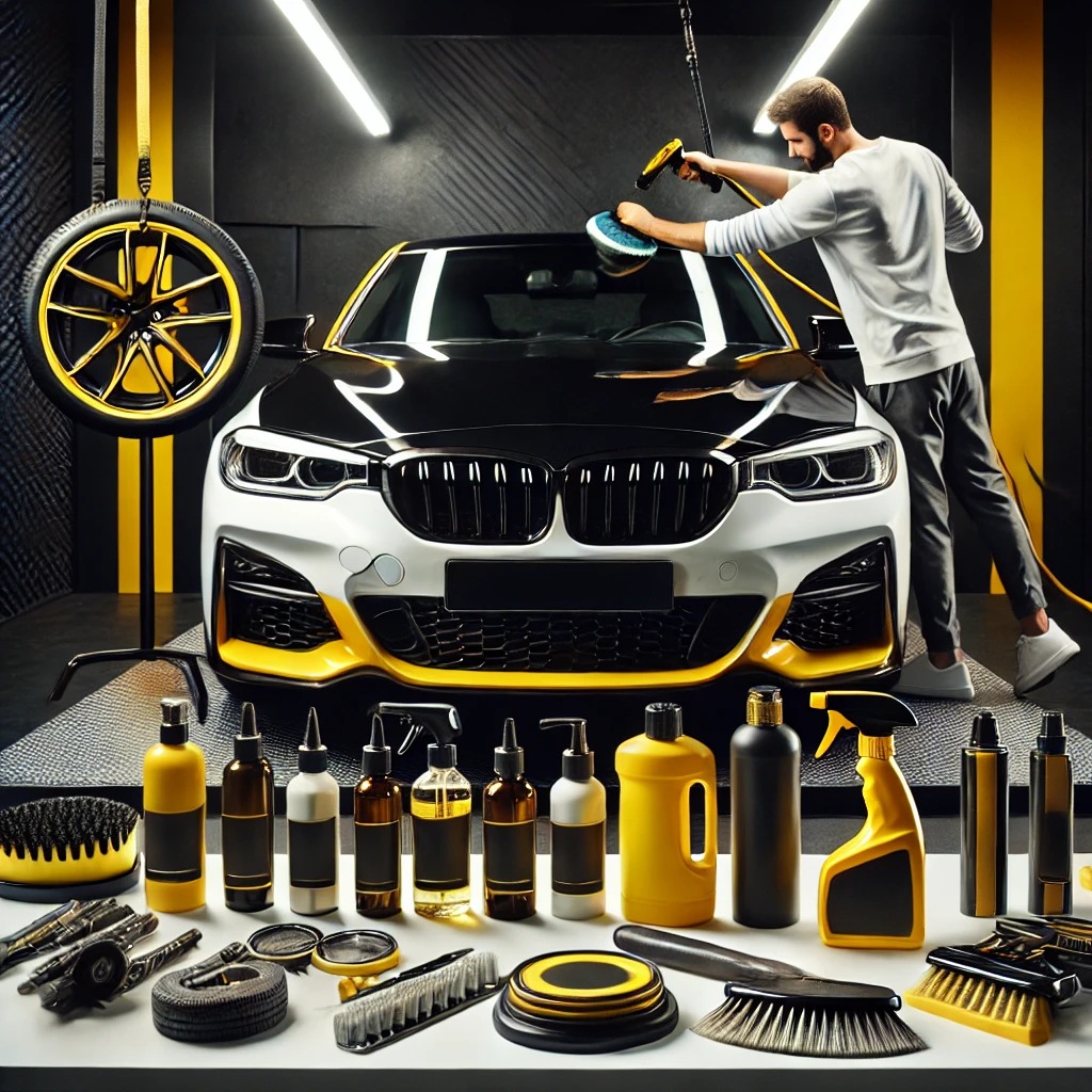 Mobil mewah sedang mendapatkan perawatan dengan produk salon mobil berkualitas tinggi di studio detailing modern.