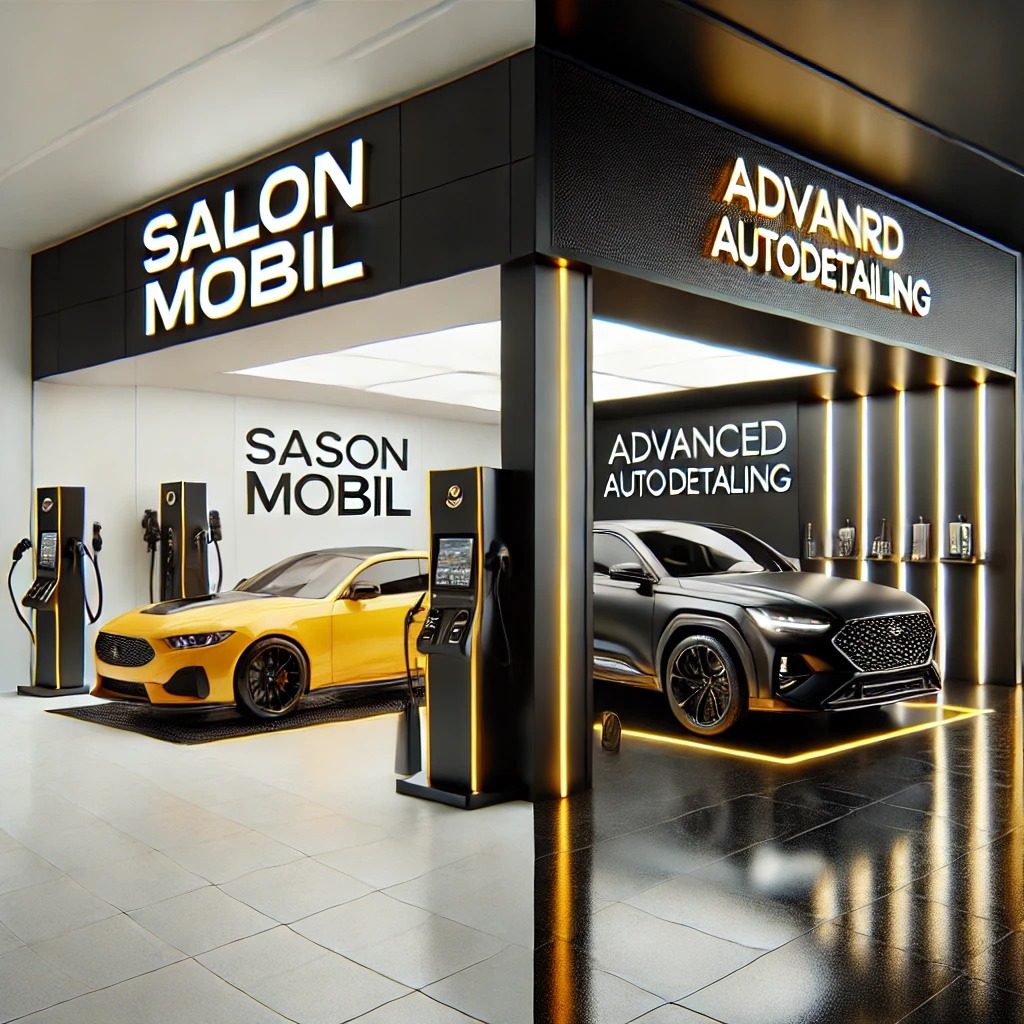 Perbandingan layanan salon mobil dan autodetailing dalam satu studio dengan desain modern dan elegan.