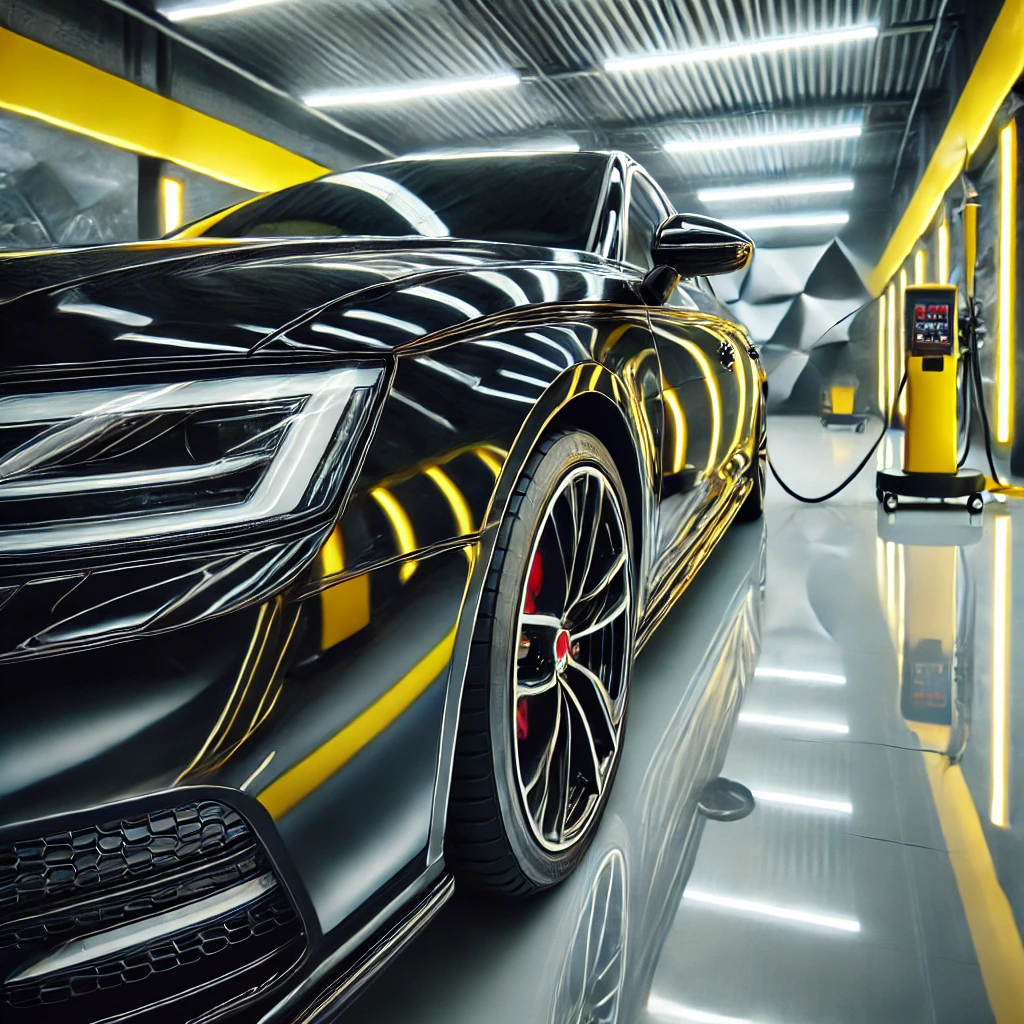 Mobil hitam berkilau dengan hasil poles maksimal, menampilkan efek glossy di studio detailing modern bernuansa kuning dan putih.