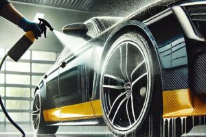 Mobil mewah sedang menjalani proses detailing menggunakan quick detailer di studio modern.