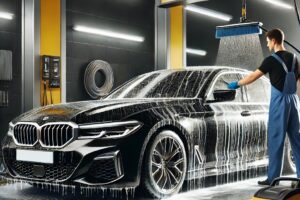 Mobil mewah dalam proses quick wash and detailing di studio detailing dengan nuansa hitam, kuning, dan putih, menampilkan efek kilau yang maksimal.